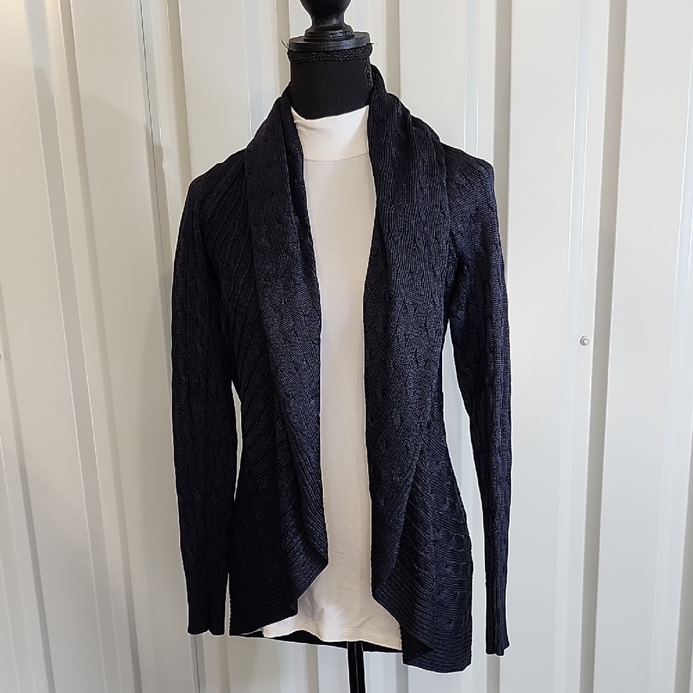Ralph Lauren Black Label Cable Knit Silk Navy Open Front Cardigan Shrug Small